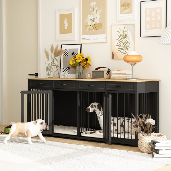 Dog Crate Furniture - Wood Dog Kennel Cages with Divider and 4