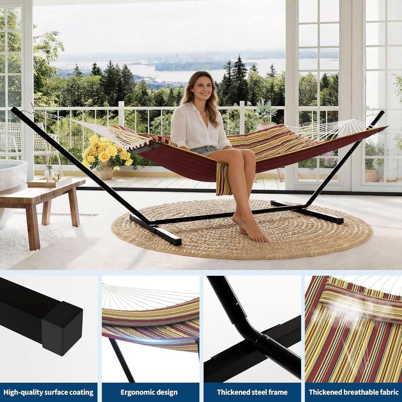 Portable Double Hammock with Stand for Outdoor Patio, Garden, Beach, Backyard, Max 450 Lbs Capacity