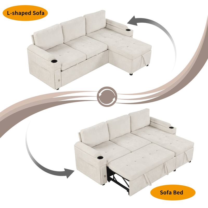 83.5" L-Shaped Convertible Sectional Sofa Bed with Storage Chaise Cup Holders USB Ports Chenille Couch for Living Room