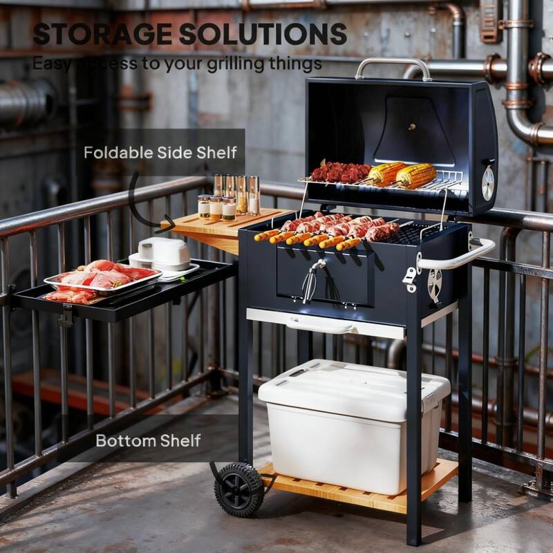 GDFStudio - Stainless Steel Portable Charcoal BBQ Grill with Storage & Wheels
