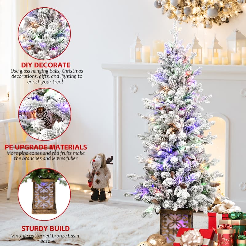 Pre-Lit Flocked Christmas Tree - Multicolour LED Lights, Pine Cones, Glitter Base, Light-Up Basin, Easy Assembly - White+Green