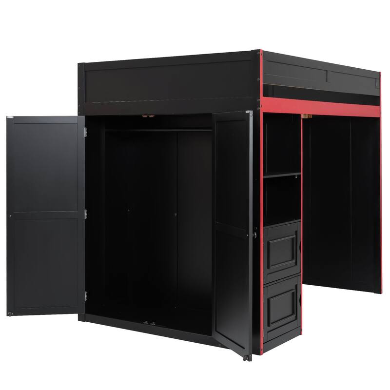 GDFStudio - GameZone Modern Wooden Gaming Loft Bed with Desk, Storage and LED Lighting