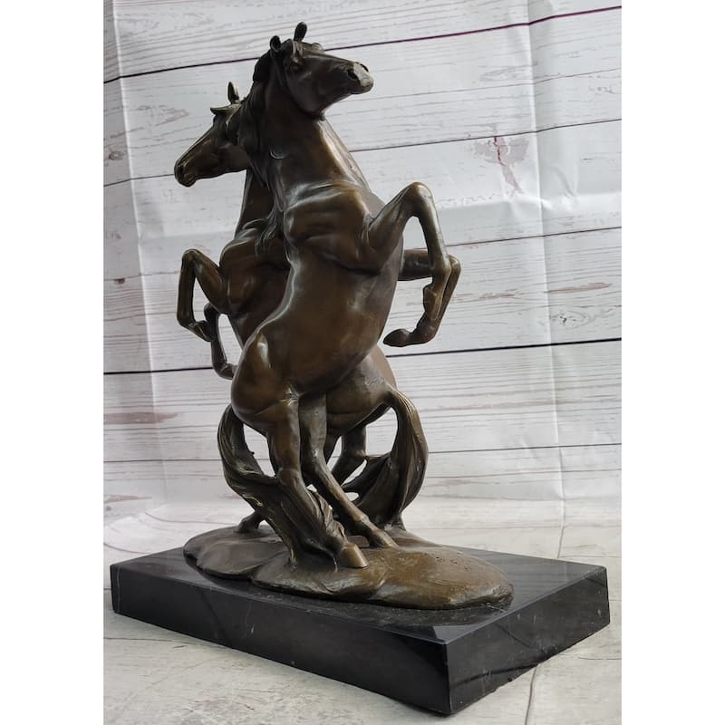 Two Rearing Stallions Horses Bronze Sculpture Statue Horse Lover Decor Signed Art On Marble Base