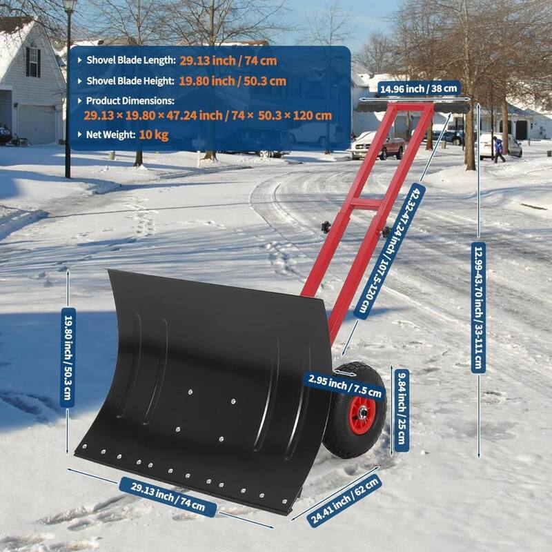 29.13x19.8 in Heavy Duty Rolling Snow Pusher Shovel for Driveway, Doorway, Sidewalk