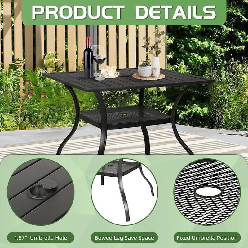 5 Piece Outdoor Patio Metal Dining Set of 6 Textilene Chairs and Square Table with Umbrella Hole