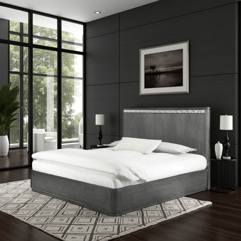 Zoko King Bed with Panel Style Headboard, Chrome, Ash Gray Solid Wood