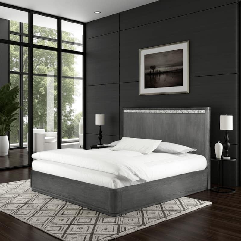 Zoko King Bed with Panel Style Headboard, Chrome, Ash Gray Solid Wood