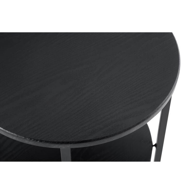 Modern Small Round Coffee Table 2 Tier Farmhouse End Table with Storage Shelf, for Bedroom Living Room, Black