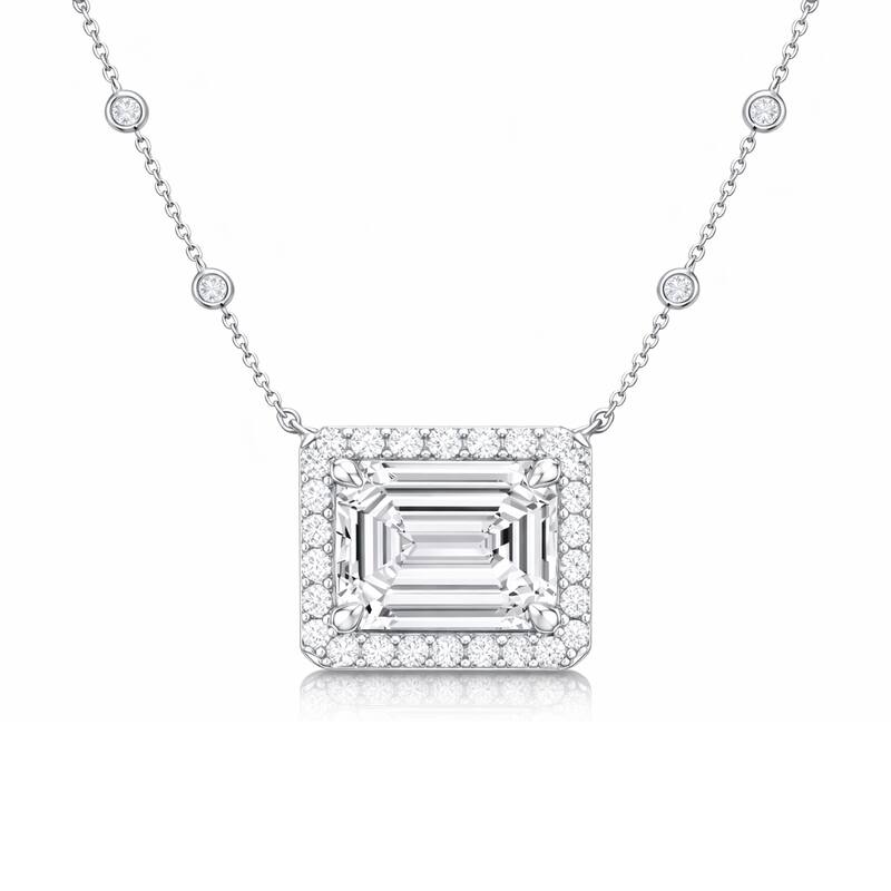 Auriya 14K Gold Lab Grown Emerald-Cut Diamond Halo Pendant with Bezel Necklace 1.00 to 5.00 ct. tw. (F-G VS) - White - 6.56ct. tw.