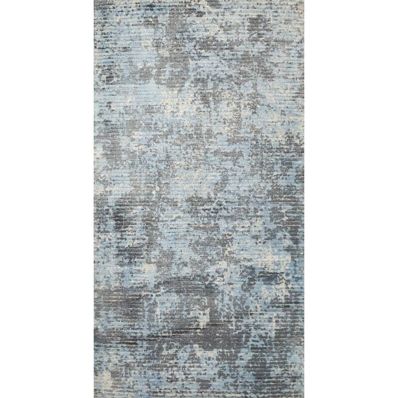 Hand Knotted Oriental Viscose Silk Carpet Modern Abstract Navy Blue & Blues Abstract Area Rug - 4' 0'' X 2' 0''