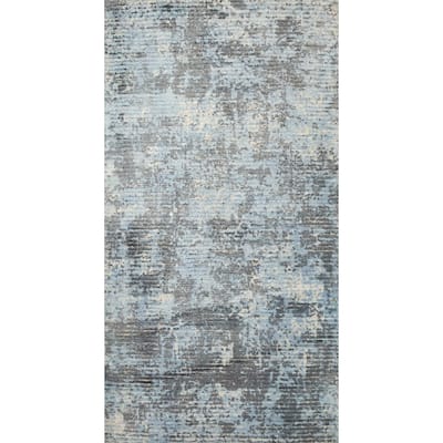 Hand Knotted Oriental Viscose Silk Carpet Modern Abstract Navy Blue & Blues Abstract Area Rug - 4' 0'' X 2' 0''
