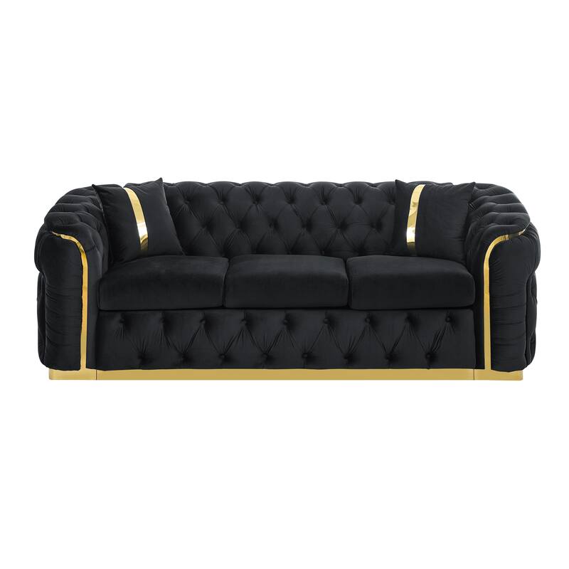 90.6" Velvet 3-Seater Sofa with 2 Pillows High-Density Cushions, Gold Accents, and Pillows
