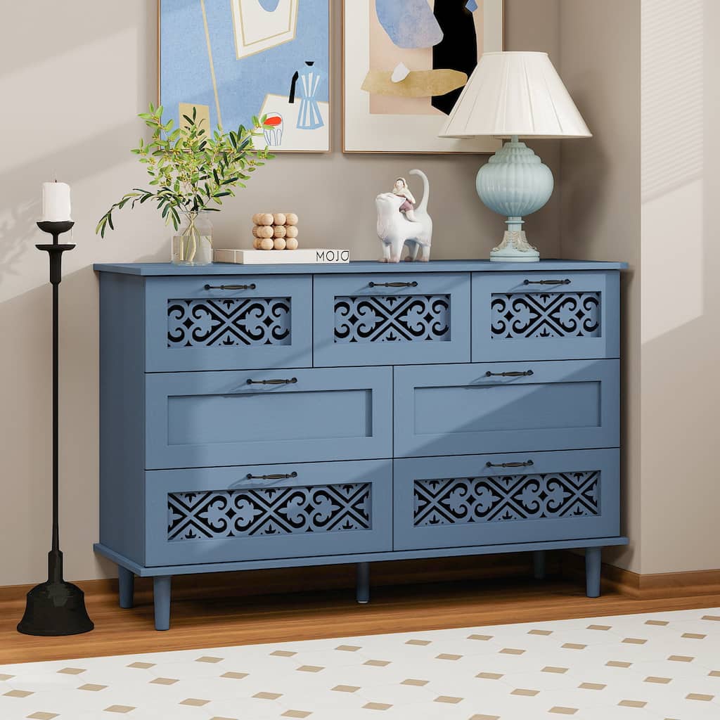Blue Storage Closet Decorative Cabinet with Symmetrical Floral Pattern, Chic Buffet Cabinet Cupboard with Metal Handles
