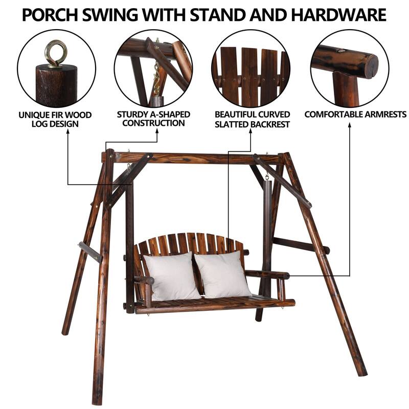 VEIKOUS 2-Person Carbonized Fir Wood Patio Porch Swing with A-Frame Stand, 4.4FT