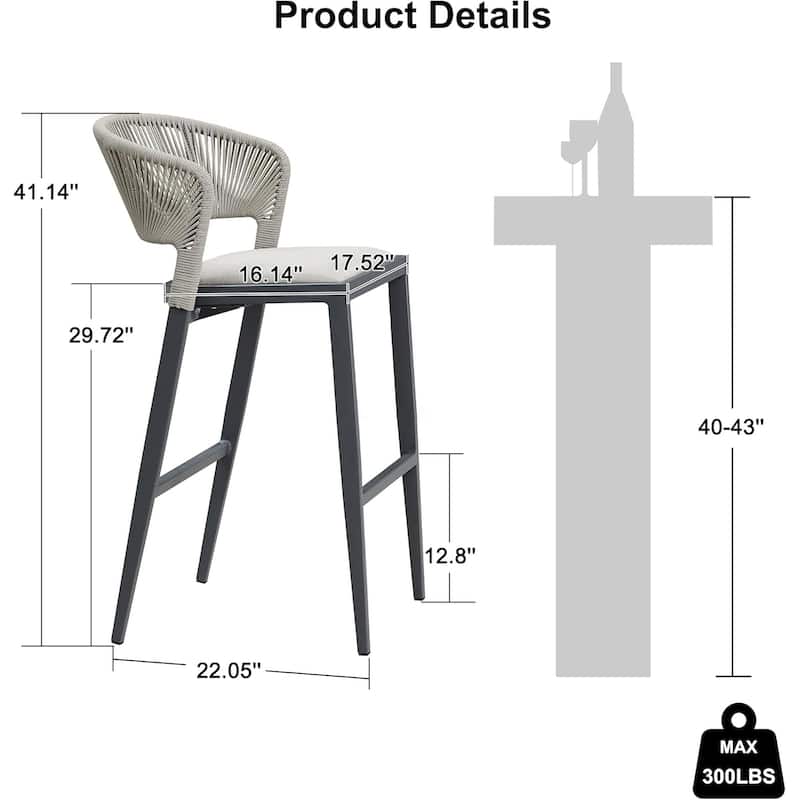 PURPLE LEAF Bar Stool Set of 2 Outdoor Rattan Bar Chair with Back Metal Bar Height Stool Wicker Barstool Dark Grey - N/A