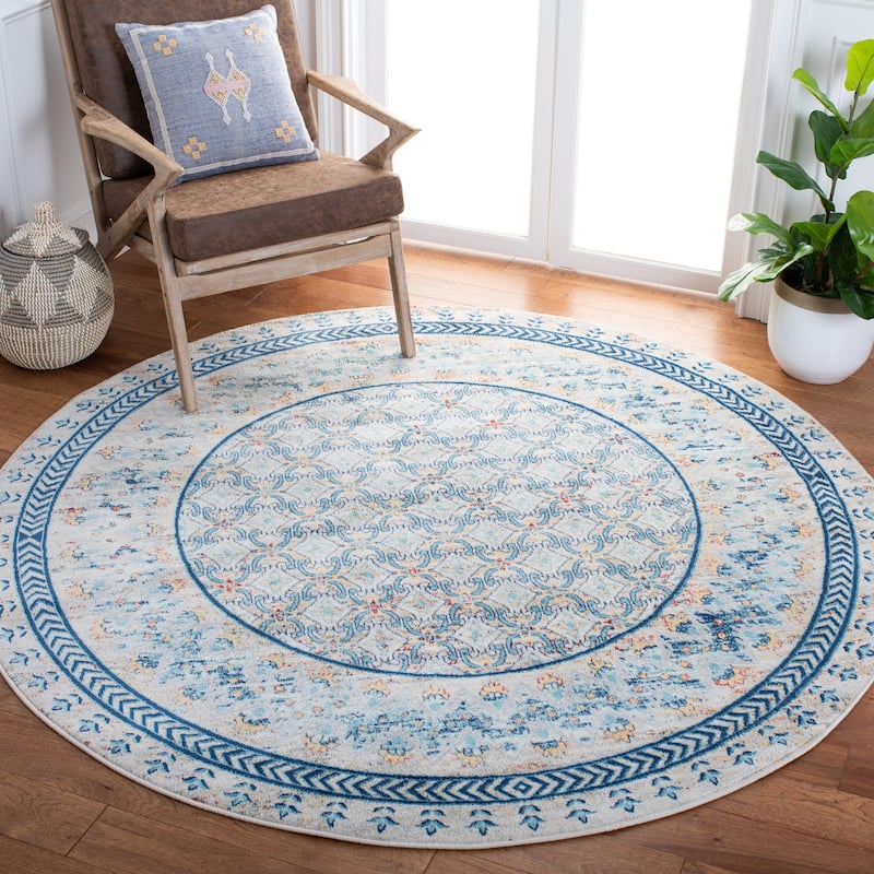 SAFAVIEH Brentwood Banga Traditional Oriental Rug - 6'7" Round - Blue/Yellow