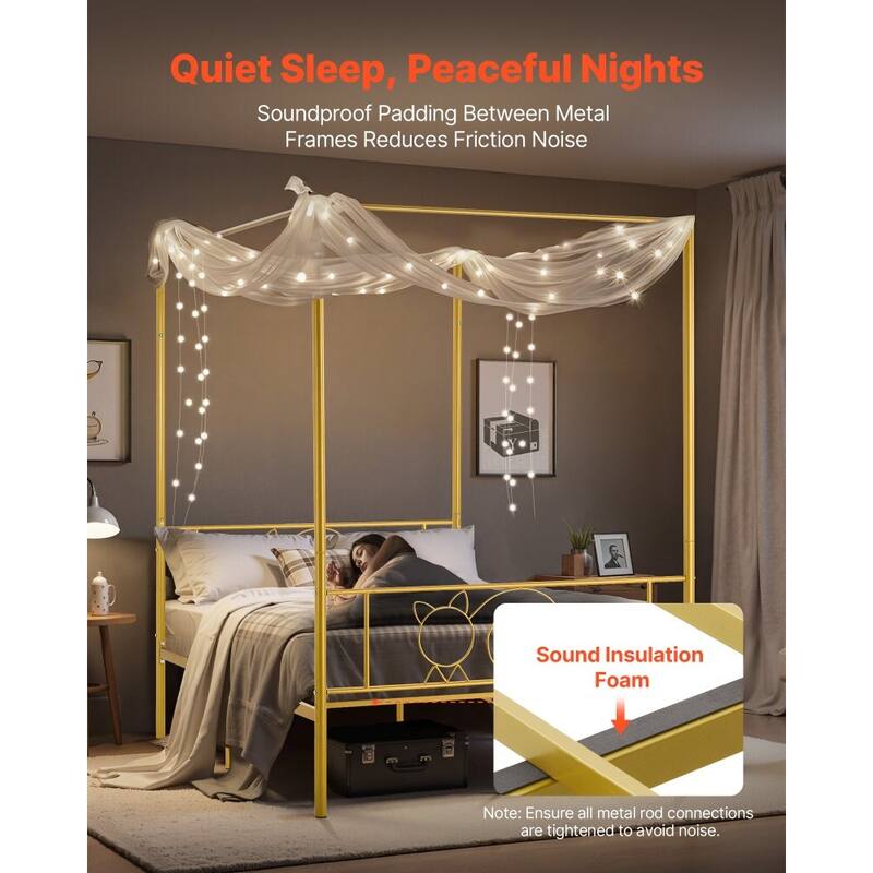 Gold Metal Full Canopy Bed Frame with Storage and DIY Decoration Rails