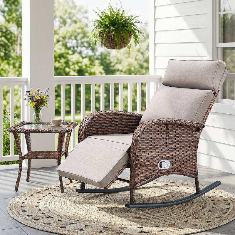 Pocassy Outdoor Patio Rocking Lounge Chairs with Adjustable Backrest Set. - Brown Wicker with Beige Cushion - 2 Piece Rocker Recliner Chair with Side Table