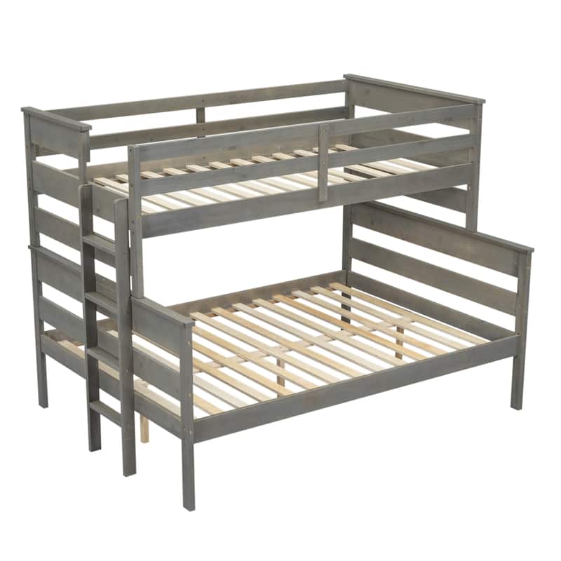 Solid Wood Bunk Bed Wood Slat Support Bed Frame Full Length Guardrail Up Bed with Ladder Separable Platform Bed