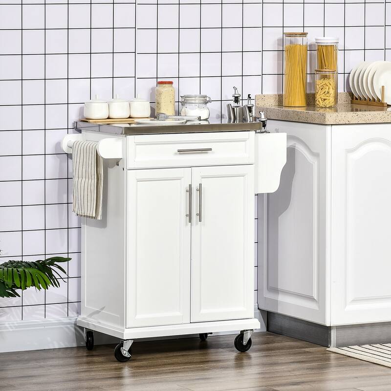 "Rolling Kitchen Cart with Stainless Steel Top, 2-Tier Shelf, Drawer & Spice Rack for Easy Storage"