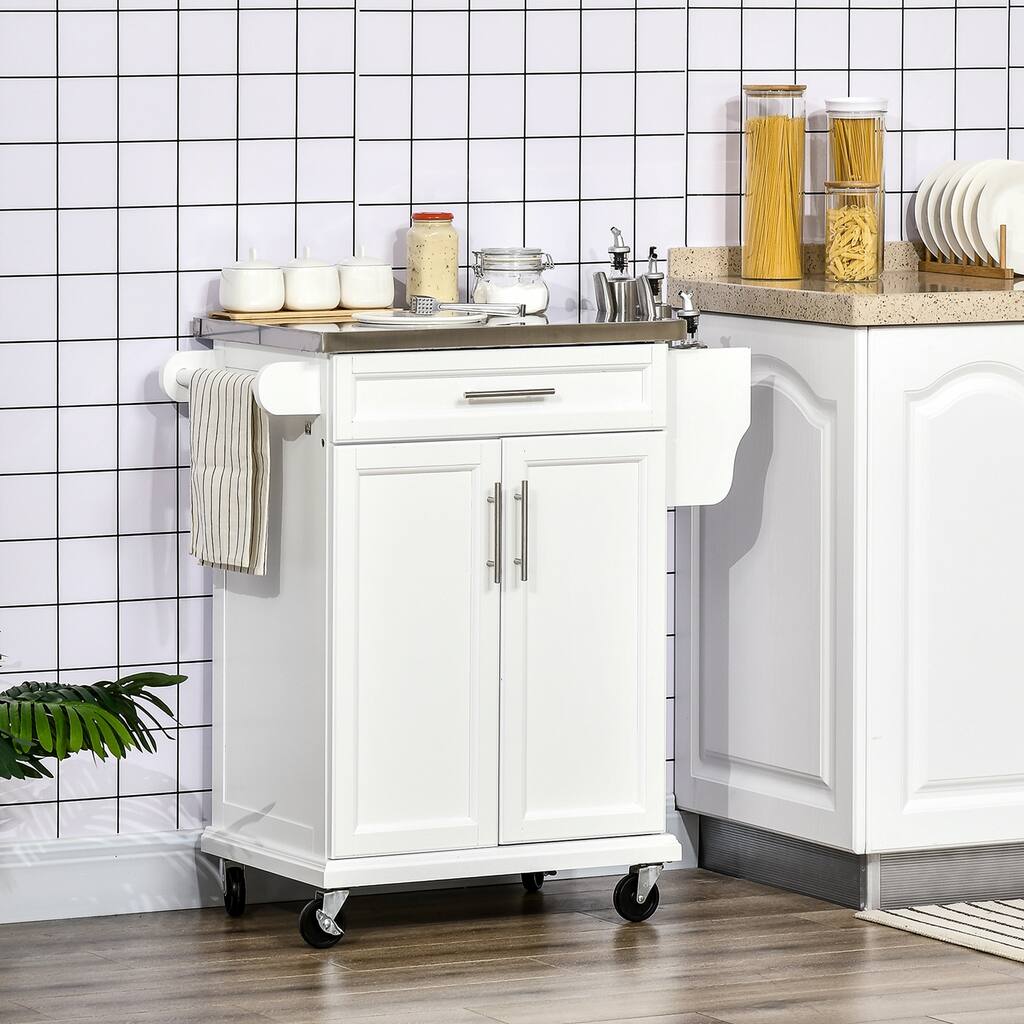 White Kitchen Island with Drawer & Cabinet, Rolling Kitchen Cart Mobile Kitchen Island with 4 Wheels & Towel Rack
