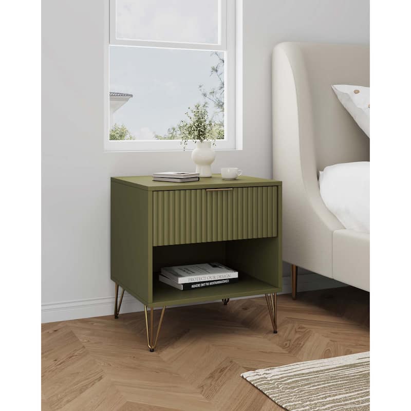 20inch Fluted Nightstand in Olive Green with Gold Handles and Splayed Legs
