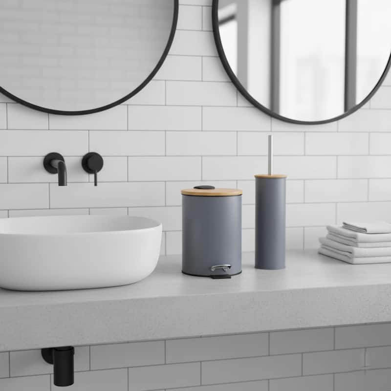 Bathroom Set with Bamboo Lid - Matte Metal Trash Can and Toilet Brush - 15.6" H x 11" L x 11" W - Gray