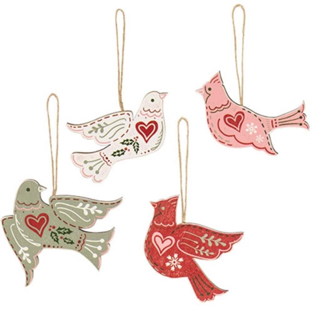 Set of 4 Wooden Holiday Bird Ornaments with Nordic Floral Design for Christmas Tree Decor - Pink: 3.25”H x 5.25”W x .25”D