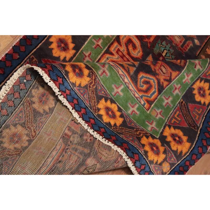 Hand Knotted Oriental 100% Wool Carpet Traditional Geometric Navy Blue & Blues Ardebil Runner Rug - 8' 9'' X 3' 9''