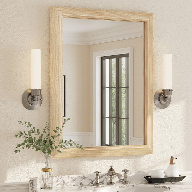 Beveled Metal Rectangle Framed Bathroom Vanity Tempered Glass Mirrors - 36" x 28" - Light Brown