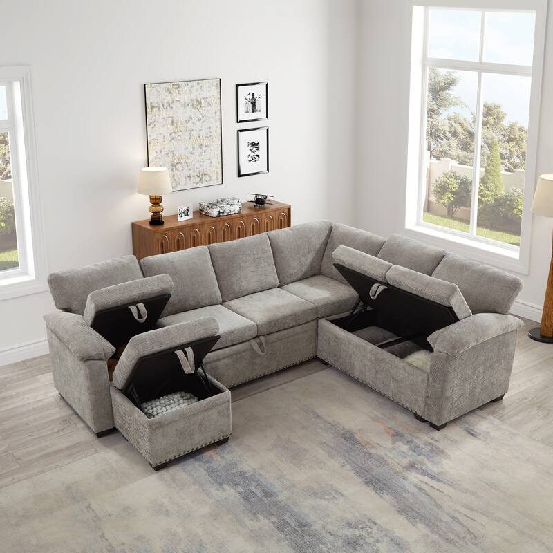 L-Shaped Corner Sectional Sofa with Seat and Storage Ottoman, Chenille Sofa Bed with 2 Pillows for Living Room Sleeper Couch