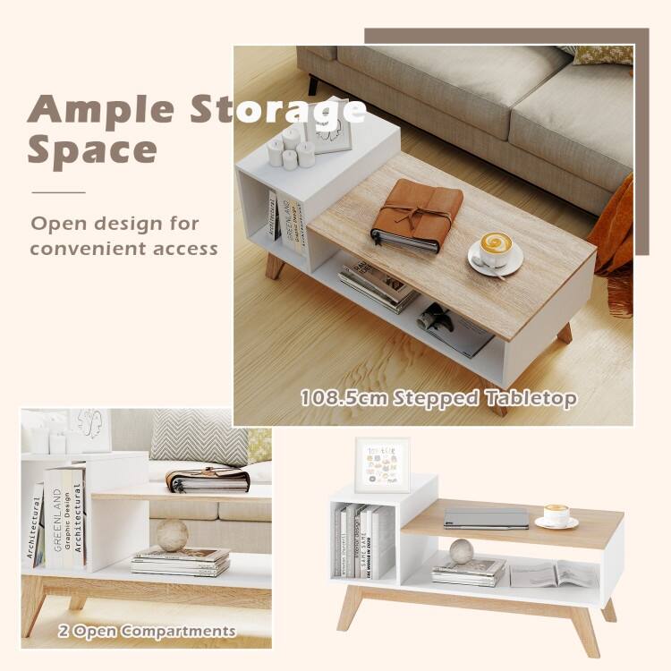 White-Natural Engineered Wood MDF Coffee Table with Stepped Storage and Compartments - 43" x 19" x 21"