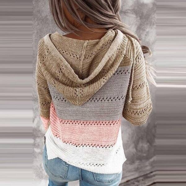Womens Stripes Color Block Knit Hoodies Sweaters Lightweight Drawstring Loose Pullover Sweatshirts