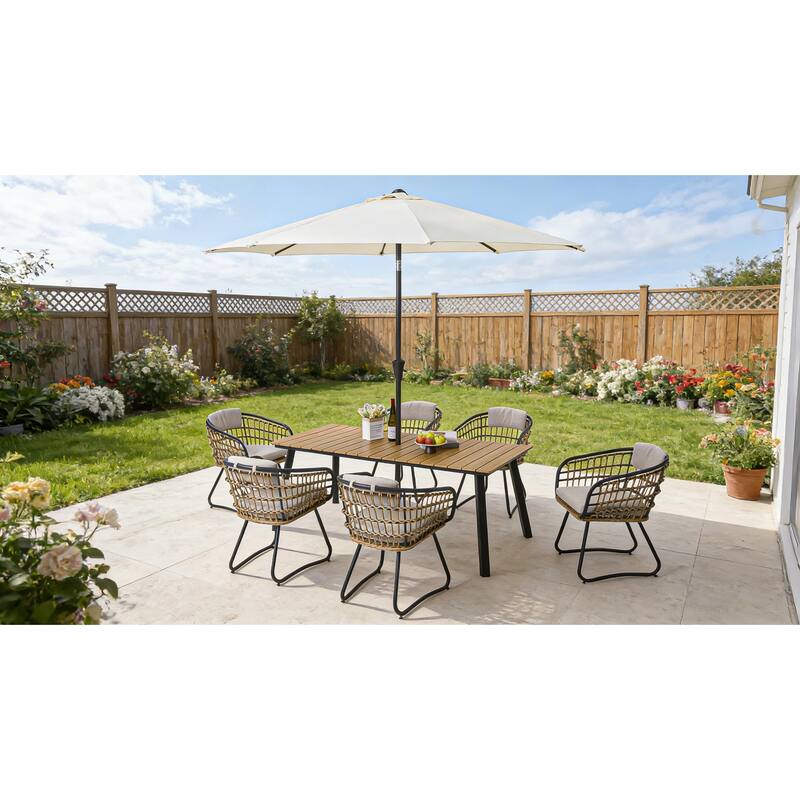 Outdoor Folding Dining Table for 4-6, Steel Frame with Umbrella Hole for Patio, Garden, Backyard, Deck, Poolside