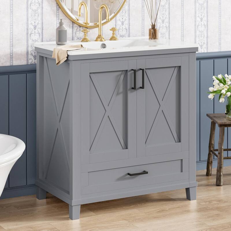 30" Bathroom Vanity - Solid Wood Frame, Single Sink, 2 Soft-Close Doors, Divided Drawer & Dual Storage Shelves
