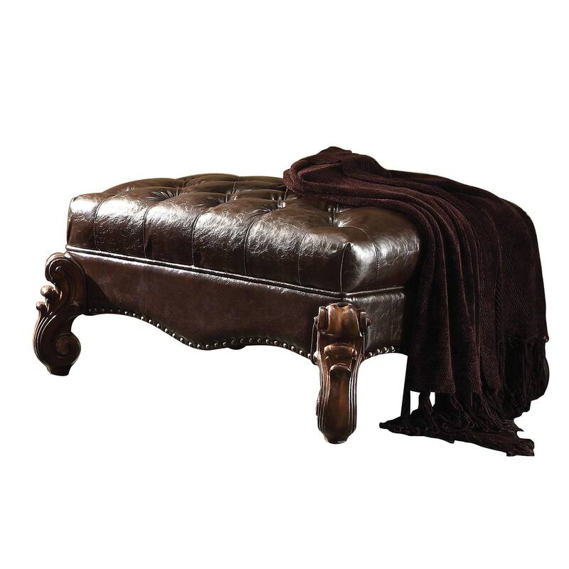 Upholstered Ottoman with Nailhead Trim in Dark Brown and Cherry Oak - Brown - Medium