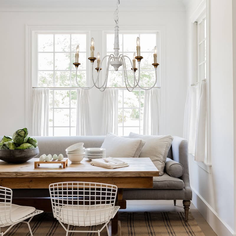 6-Light White Mid-Century Modern Dry rated Chandelier - 30.7 inches Lx 30.7 inches W x 25.2 inches H