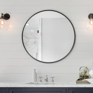 Allan Andrews Brushed Black Round Stainless Steel Framed Vanity Mirror - 30"D