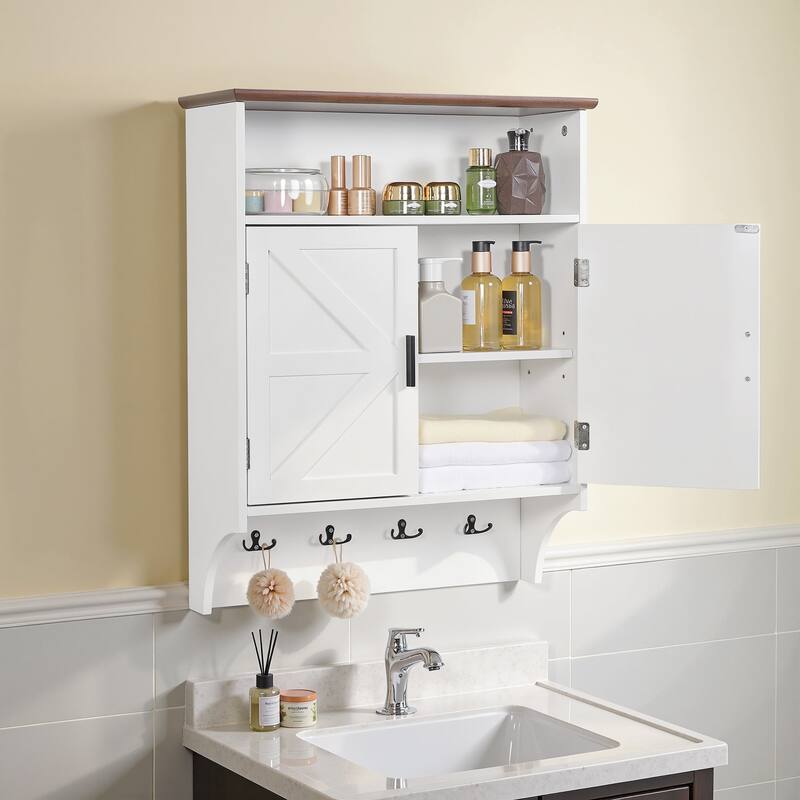 VECELO 28.74" Height Wall Mounted Bathroom Cabinet with Adjustable Shelves Double Door Medicine Cabinet with Open Shelf & Hooks