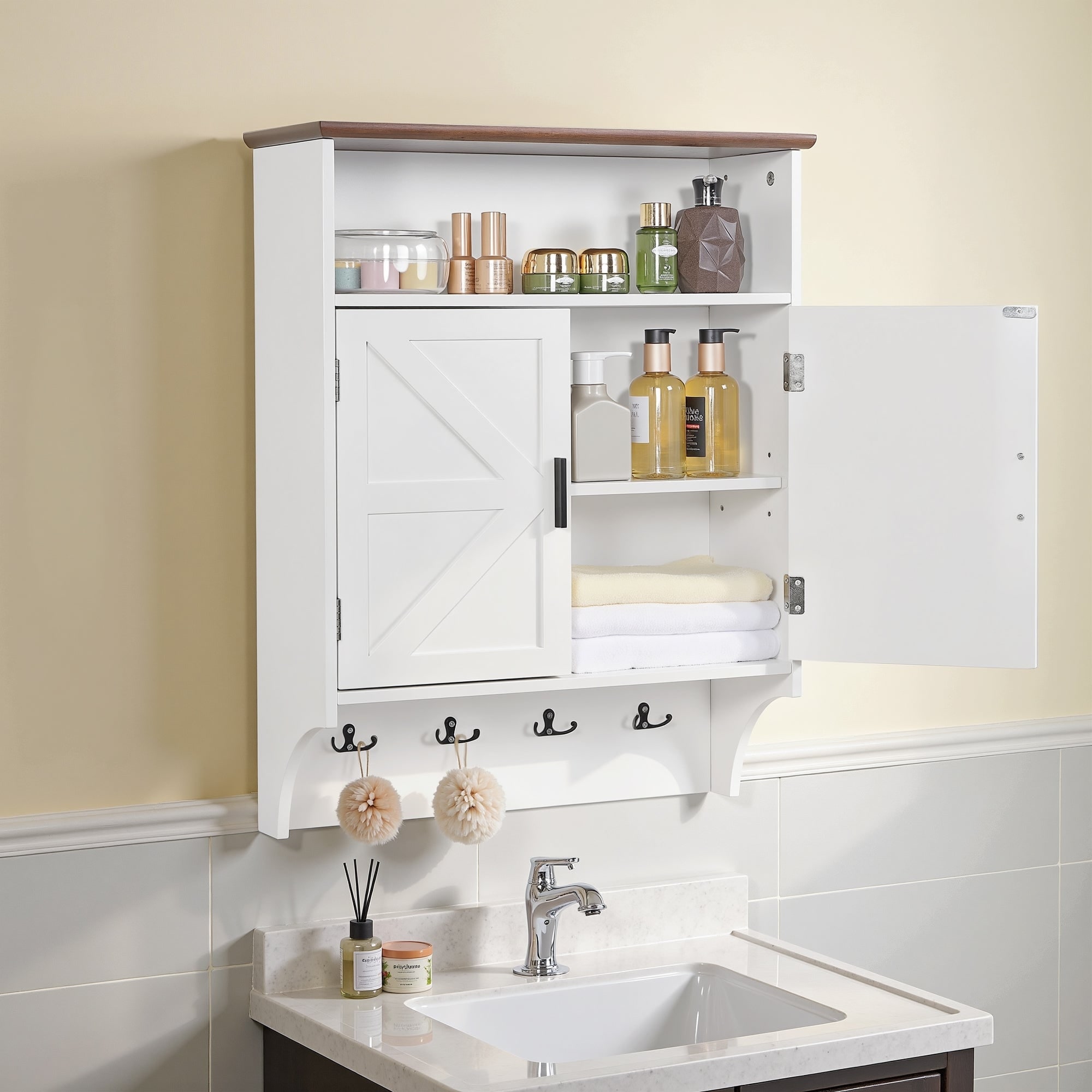 VECELO 28.74" Height Wall Mounted Bathroom Cabinet with Adjustable Shelves Double Door Medicine Cabinet with Open Shelf & Hooks