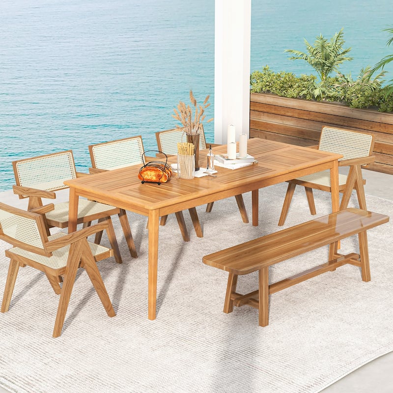 79" Acacia Wood Rectangular Outdoor Dining Table with Natural Finish and Umbrella Hole for 8 Person - 79"L x 35"W x 29.5"H