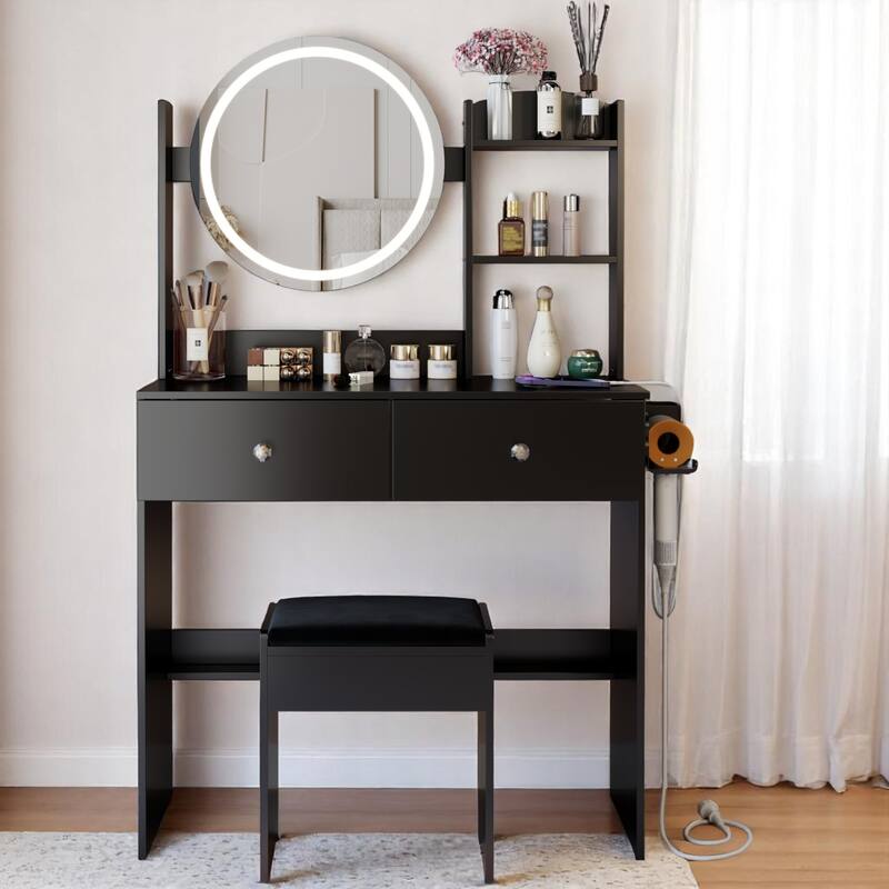 KISRAIS 31.5" Vanity Desk with Mirror, Light, Power Station, and Hair dryer bracket - Black