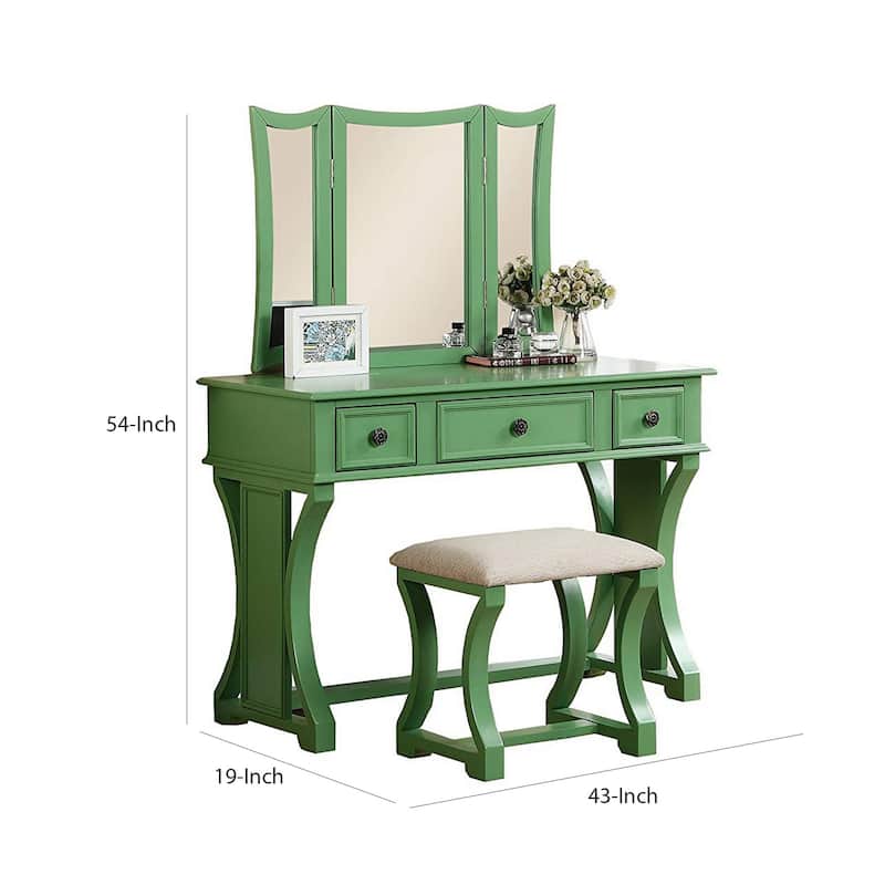 Modish Vanity Set Featuring Stool And Mirror Green