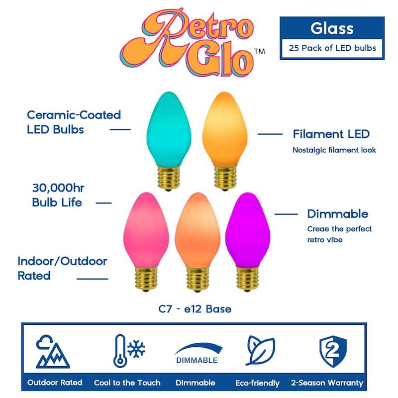 25 Pack C7 LED Outdoor Christmas Replacement Bulbs, Vintage, C7/E12 Base