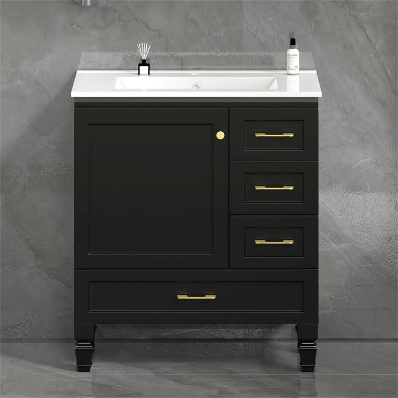 30" Bathroom Vanity with 1 Soft Close Doors and 3 Drawers - Black