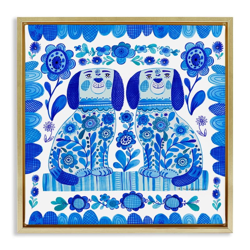 Stupell Blue Folk Style Puppies Framed Floater Canvas Wall Art Design By Kay Widdowson - 18 x 18 - Gold