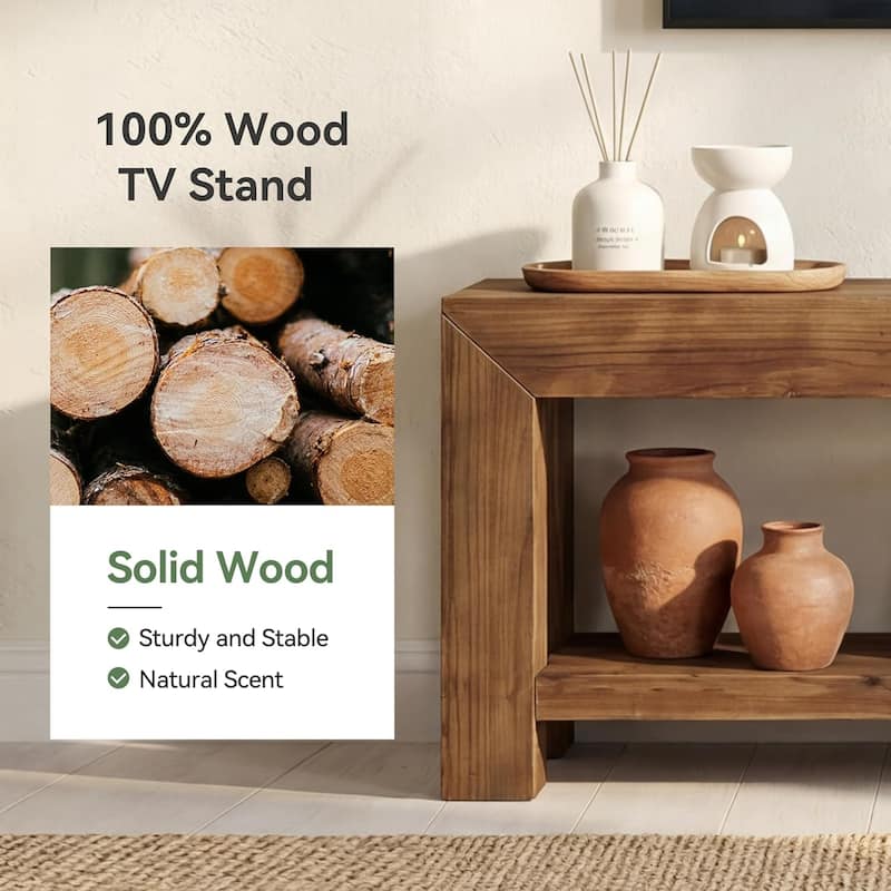 63" Solid Wood TV Stand for TVs up to 75'', 2-Tier TV Console Entertainment Center with Open Storage Shelves