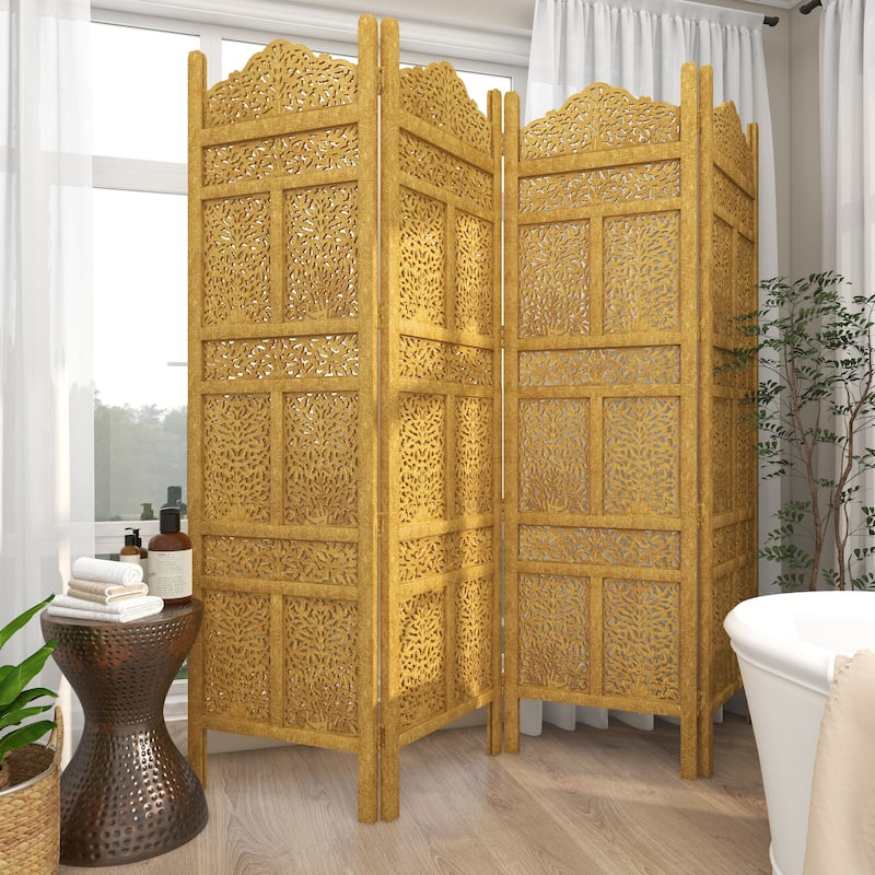 Gold Wooden Handmade Foldable Partition 4 Panel Floral Partition Room Divider Screen with Carved Designs