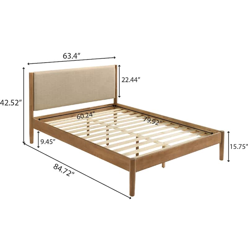 Queen Light Walnut Platform Bed with Upholstered Headboard, No Box Spring Needed