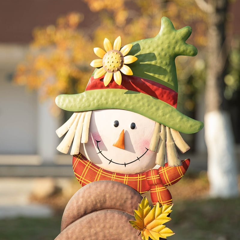 Glitzhome 46"H Fall Metal Stacked Scarecrow & Pumpkin Yard Stake for Thanksgiving Decor